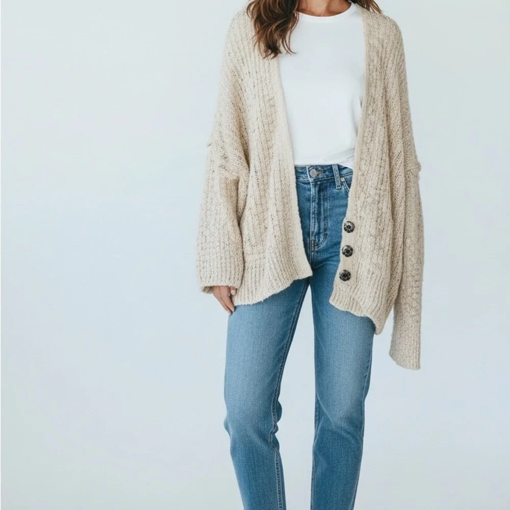 Free People Beige Knit Cardigan with Snap Closure